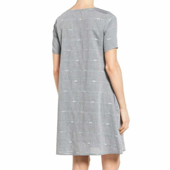 EILEEN FISHER Denim Blue Cotton Nomadic Stripe A-Line Boat Neck Dress - Picture 2 of 6
